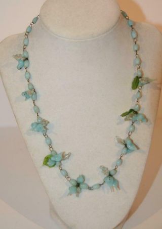 Antique Italian Venetian Murano Blue Glass Love Birds Leaves Berries Necklace 19