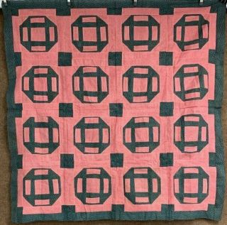 Antique Pa C 1890 - 1900 Churn Dash Quilt Top Green Double Pink