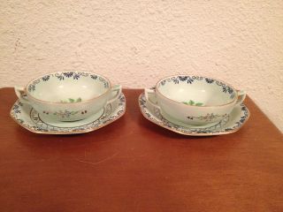 Antique William Adams & Sons Calyx Ware Hand Painted Soup Cups / Bowls & Saucers