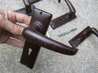 3 Pairs Salvaged Art Deco 1950s Walnut Bakelite Door Handles - Mortise Lock Key