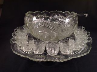 Antique US Glass Slewed Horseshoe Punch Bowl,  Underplate,  18 Cups & Glass Ladle 2