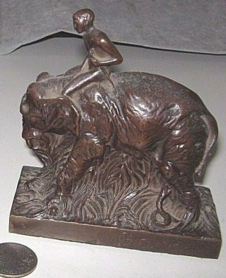 Antique Griffoul Solid Bronze Nude Man Riding Elephant Bookend Book End