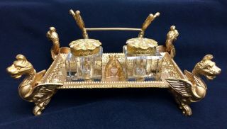 Sublime Ornate Antique French Gilt Champleve Enameled Bronze Inkwell W/ Griffins