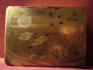 Antique Japanese Meiji Gold Lacquer Box Swallow Birds Moon above Sea wave Signed 5