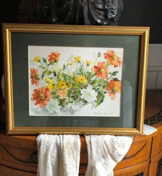 Vintage Watercolor Painting Framed Signed Mid Century Modern Flowers 2