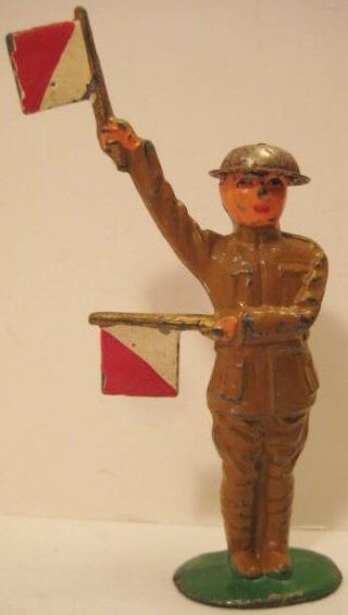 Antique Metal Toy Soldier W Semaphore Flags 4 " Barclay Signal Corps Tin Hat 1935