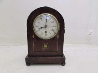 Victorian Mahogany Inlaid Brass Mantel Clock Spring Driven Movement For Repair