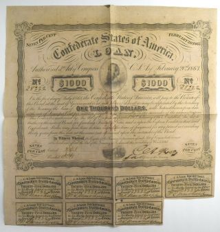Antique 1863 Csa Confederate $1,  000 Govt Bond - Sc - 22
