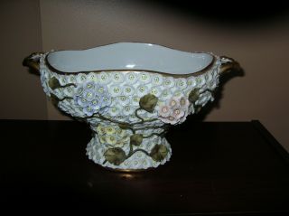 Antique French Porcelain Centerpiece Gold Trim Covered In Tiny Raised Flowers
