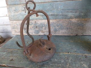 Antique Primitive 18th C Wrought Iron Hand Forged Hanging Fluid Oil Heart Lamp