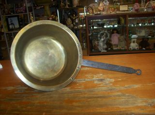 Antique Primitive Large Brass Pot Kettle With Iron Handle 1800 