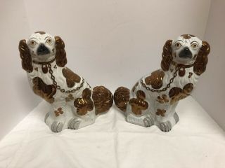 Antique Victorian Copper Luster Staffordshire King Charles Spaniel Dogs 12’