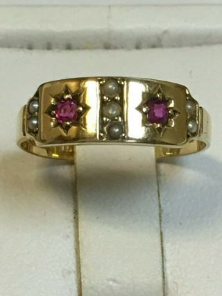 Antique Victorian 15 Carat Gold Ruby & Seed Pearl Ring B/ham 1880