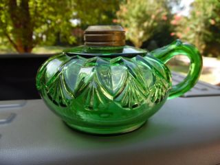Antique Green Eapg Finger Oil / Kerosene Lamp / Erin Fan Pattern