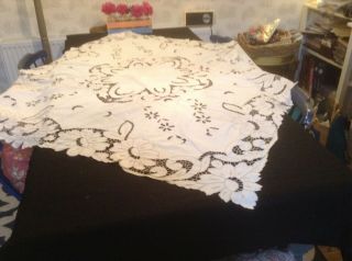 Stunning Vintage Tablecloth With Extensive Hand Embroidery And Cutwork
