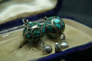 Lovely Antique/vintage Solid Silver & Turquoise Ball/orb Earrings