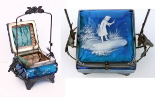 Mary Gregory 1800s Glass Hinged Jewelry Casket Art Nouveau Metal Basket,  Insects
