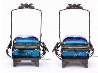 Mary Gregory 1800s glass hinged jewelry casket Art Nouveau metal basket,  insects 3