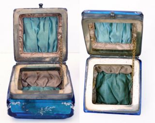 Mary Gregory 1800s glass hinged jewelry casket Art Nouveau metal basket,  insects 5