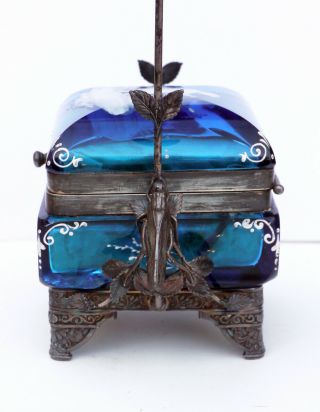 Mary Gregory 1800s glass hinged jewelry casket Art Nouveau metal basket,  insects 8