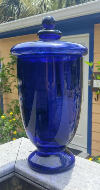 Antique 1920 Blown Glass Cobalt Blue Ribbed Glass Apothecary Counter Display Jar