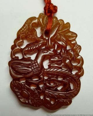 Antique Chinese Late Qing Dynasty Carved Amber Orange Quartz Amulet Necklace