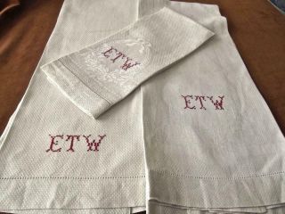 3 Antique 19c Huck Linen Bath Show Towels Hand Embroidered Red Monogram Etw