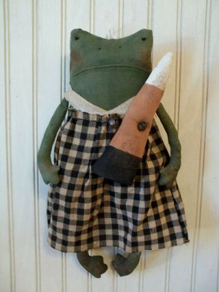 Primitive Grungy Lady Frog Halloween Doll & Her Candy Corn