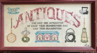 Finished Cross Stitch Sampler Framed 1978 - " Antiques Only One Interested In.