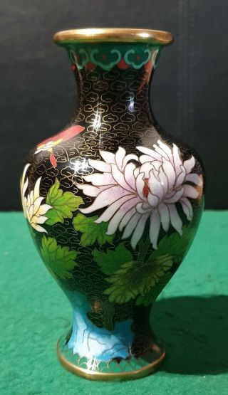 Japanese Vintage Oriental Cloisonne Enamel Vase,  Hand Painted Over Black Enamel