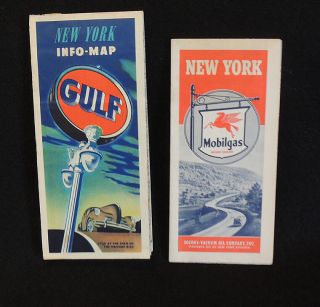 2 Vintage 1940s Highway Road Maps.  York.  Gulf Oil & Mobil Gas Standard Oil