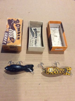 2 Vintage Bomber Bait Company Fishing Lures.  Boxes - 1 Top / 2 Bottoms.
