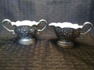 Vintage Porcelain Lined Silver Plated Creamer And Sugar Bowl.  So Dainty.