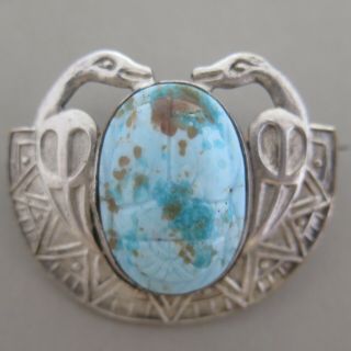 Vtg Antique Art Deco Egyptian Revival Turquoise Glass Scarab Silver Brooch Pin