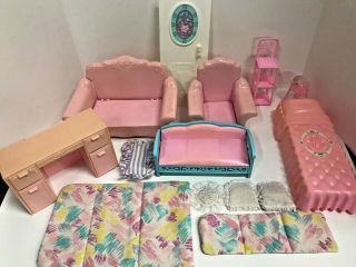 Vtg Dollhouse Barbie Furniture Pink Couch Chair Desk Vanity Shelf Chair Cushion