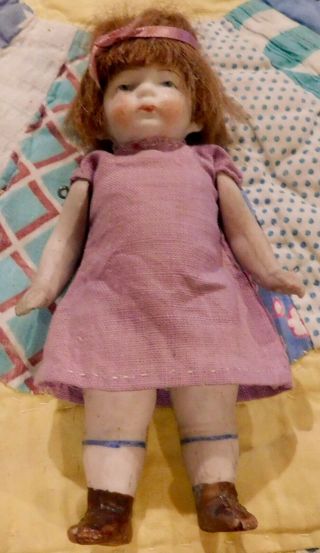 Antique 4 1/2 " German All Bisque Closed Mouth Doll W/original Wig & Outfit