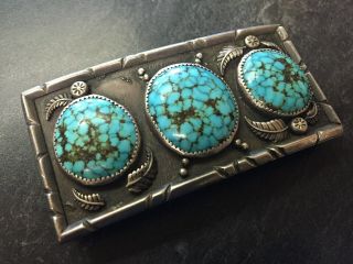 Antique South Western Solid Sterling Silver Spider Web Turquoise Belt Buckle