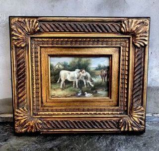 12.  5”x14.  5” Framed Oil Painting Of 3 Cows W/ Duck Antique Style