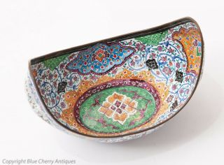 Vintage Persian Minakari Hand Painted Enamel on Copper Crescent Shaped Dish 2