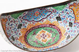 Vintage Persian Minakari Hand Painted Enamel on Copper Crescent Shaped Dish 3
