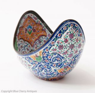 Vintage Persian Minakari Hand Painted Enamel on Copper Crescent Shaped Dish 4