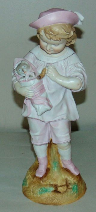 Antique Bisque Figurine Boy In Pink With Kitten & Cigar Cat Intaglio Eyes