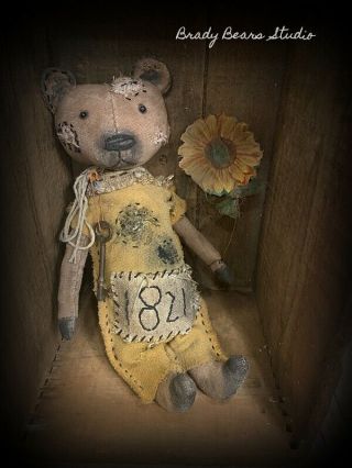 Primitive Teddy Bear Doll Cotton Stuffed Feed Sack Halloween Fall Folk Art