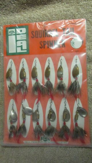 Vintage Ideal Squirrel Tail Spinner Fishing Lure Dealer Card - 12 Lures