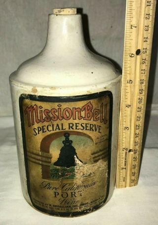Antique Red Wing Stoneware Bottom Signed Quart Jug Mission Bell California Wine