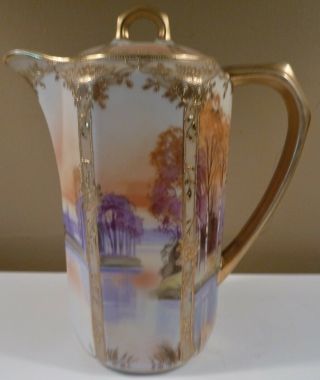 Exquisite Antique Nippon Coffee Tea Chocolate Pot,  Landscapes,  Intricate Gold