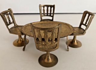 Vintage Dollhouse Miniature Brass Kitchen Oval Table And 4 Bar Stool Chairs