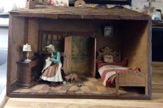 Vintage Folk Wood Hand Carved Shadow Box Diorama Woman Cat Bed Fireplace
