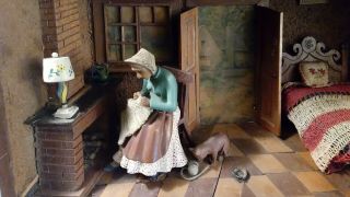 Vintage Folk Wood Hand Carved Shadow Box Diorama Woman Cat Bed Fireplace 2