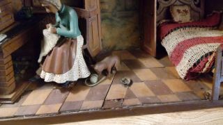 Vintage Folk Wood Hand Carved Shadow Box Diorama Woman Cat Bed Fireplace 3